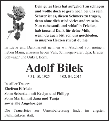 Traueranzeige von Adolf Bilek von WVG - Wochenspiegel NMB / WSF / ZTZ