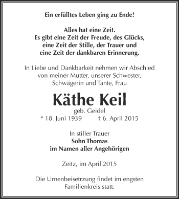 Traueranzeige von Käthe Keil von Super Sonntag Zeitz