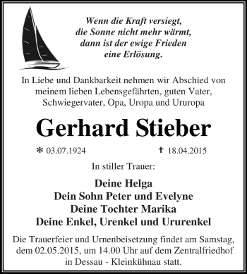 Traueranzeige von Gerhard Stieber von WVG - Wochenspiegel Dessau / Köthen