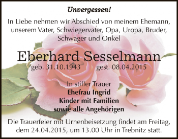 Traueranzeige von Eberhard Sesselmann von Super Sonntag Bernburg