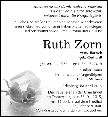 Traueranzeige von Ruth Zorn von Mitteldeutsche Zeitung Wittenberg