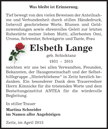Traueranzeige von Elsbeth Lange von Mitteldeutsche Zeitung Zeitz