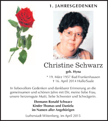 Traueranzeige von Christine Schwarz von Super Sonntag Wittenberg