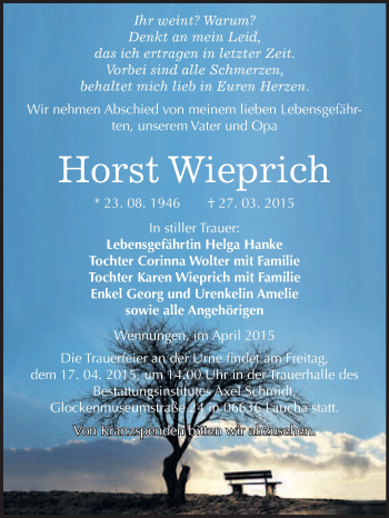 Traueranzeige von Horst Wieprich von WVG - Wochenspiegel NMB / WSF / ZTZ
