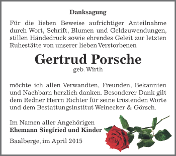 Traueranzeige von Gertrud Porsche von Super Sonntag Bernburg