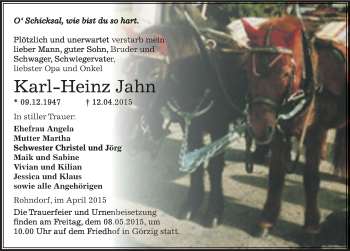 Traueranzeige von Karl-Heinz Jahn von Mitteldeutsche Zeitung Köthen