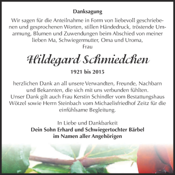 Traueranzeige von Hildegard Schmiedchen von Super Sonntag Zeitz