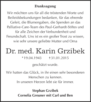Traueranzeige von Karin Grzibek von WVG - Wochenspiegel Wittenberg