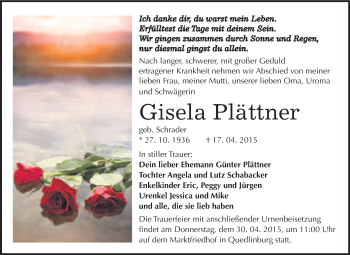 Traueranzeige von Gisela Plättner von WVG - Wochenspiegel Quedlinburg