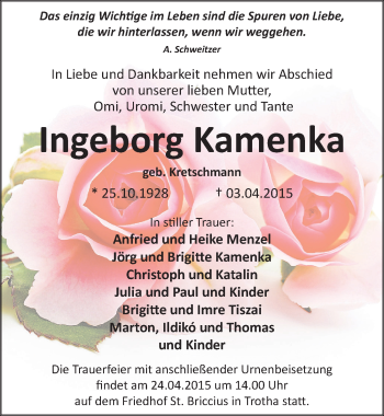 Traueranzeige von Ingeborg Kamenka von Mitteldeutsche Zeitung Halle/Saalkreis