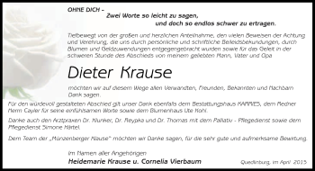 Traueranzeige von Dieter Krause von WVG - Wochenspiegel Quedlinburg