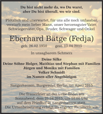 Traueranzeige von Eberhard Bätge von Super Sonntag SGH Mansf. Land