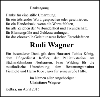 Traueranzeige von Rudi Wagner von Mitteldeutsche Zeitung Sangerhausen