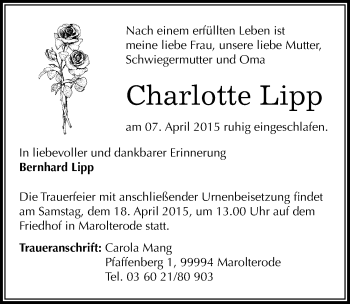 Traueranzeige von Charlotte Lipp von Mitteldeutsche Zeitung Bitterfeld