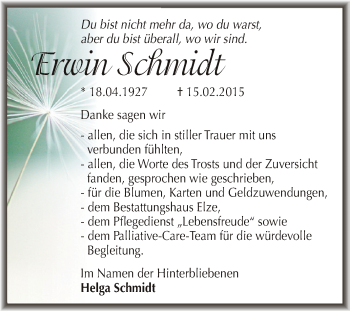 Traueranzeige von Erwin Schmidt von WVG - Wochenspiegel Dessau / Köthen