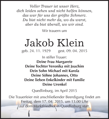 Traueranzeige von Jakob Klein von Mitteldeutsche Zeitung Quedlinburg