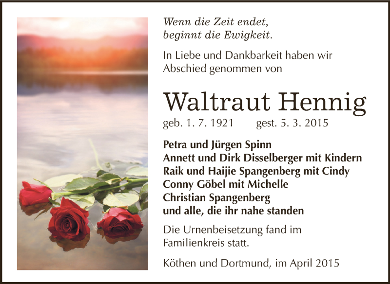  Traueranzeige für Waltraut Hennig vom 26.04.2015 aus WVG - Wochenspiegel Dessau / Köthen