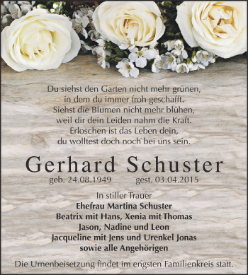 Traueranzeige von Gerhard Schuster von WVG - Wochenspiegel Dessau / Köthen