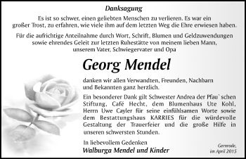 Traueranzeige von Georg Mendel von Mitteldeutsche Zeitung Quedlinburg