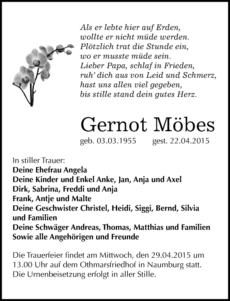  Traueranzeige für Gernot Möbes vom 25.04.2015 aus Mitteldeutsche Zeitung Naumburg/Nebra