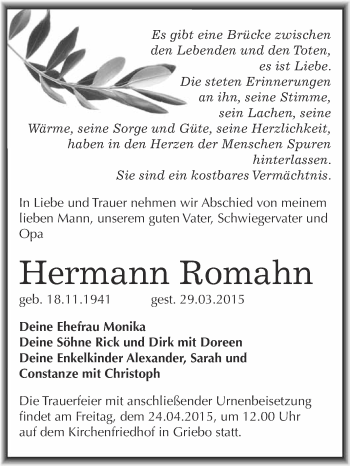 Traueranzeige von Hermann Romahn von Super Sonntag Wittenberg