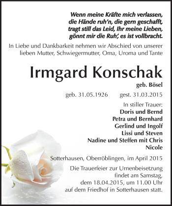 Traueranzeige von Irmgard Konschak von Mitteldeutsche Zeitung Sangerhausen