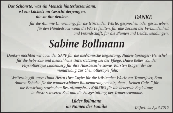 Traueranzeige von Sabine Bollmann von WVG - Wochenspiegel Quedlinburg