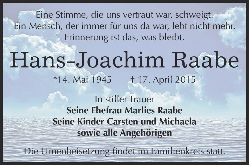  Traueranzeige für Hans-Joachim Raabe vom 26.04.2015 aus WVG - Wochenspiegel Dessau / Köthen
