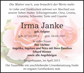 Traueranzeige von Irma Janke von Mitteldeutsche Zeitung Sangerhausen