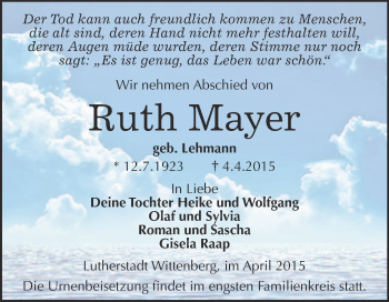 Traueranzeige von Ruth Mayer von Super Sonntag Wittenberg