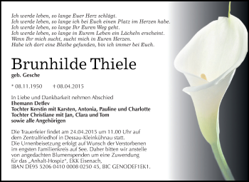 Traueranzeige von Brunhilde Thiele von WVG - Wochenspiegel Dessau / Köthen