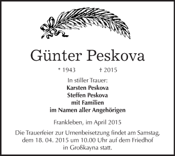 Traueranzeige von Günter Peskova von WVG - Wochenspiegel Merseburg