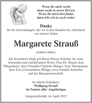 Traueranzeige von Margarete Strauß von WVG - Wochenspiegel Merseburg
