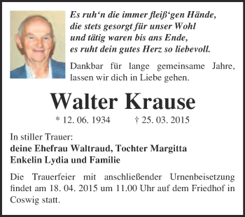 Traueranzeige von Walter Krause von Super Sonntag Wittenberg