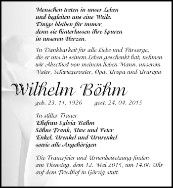 Traueranzeige von Wilhelm Böhm von Mitteldeutsche Zeitung Köthen