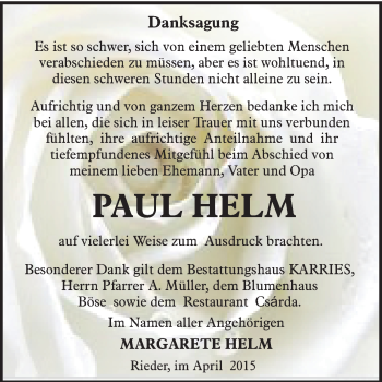 Traueranzeige von Paul Helm von WVG - Wochenspiegel Quedlinburg