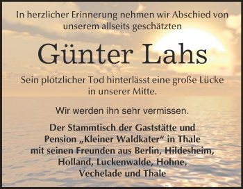 Traueranzeige von Günter Lahs von WVG - Wochenspiegel Quedlinburg