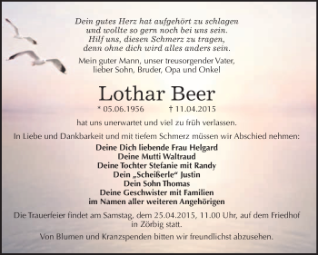 Traueranzeige von Lothar Beer von WVG - Wochenspiegel Bitterfeld