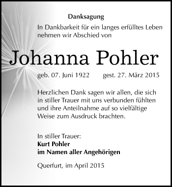 Traueranzeige von Johanna Pohler von Mitteldeutsche Zeitung Merseburg/Querfurt