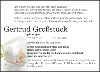 Traueranzeige von Gertrud Großstück von WVG - Wochenspiegel Quedlinburg