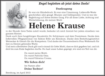Traueranzeige von Helene Krause von Super Sonntag Bernburg
