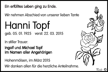 Traueranzeige von Hanni Topf von WVG - Wochenspiegel NMB / WSF / ZTZ
