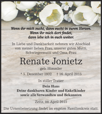 Traueranzeige von Renate Jonietz von Super Sonntag Zeitz