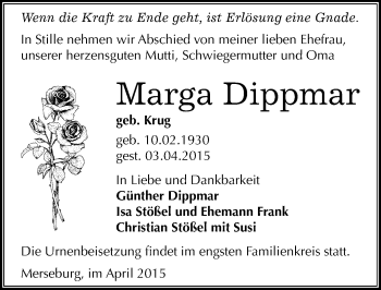 Traueranzeige von Marga Dippmar von Mitteldeutsche Zeitung Merseburg/Querfurt