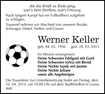Traueranzeige von Werner Keller von WVG - Wochenspiegel Merseburg