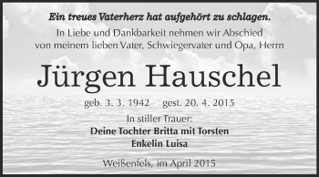 Traueranzeige von Jürgen Hauschel von Super Sonntag Merseburg