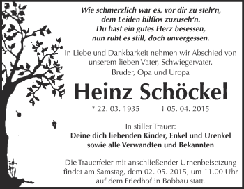 Traueranzeige von Heinz Schöckel von WVG - Wochenspiegel Bitterfeld
