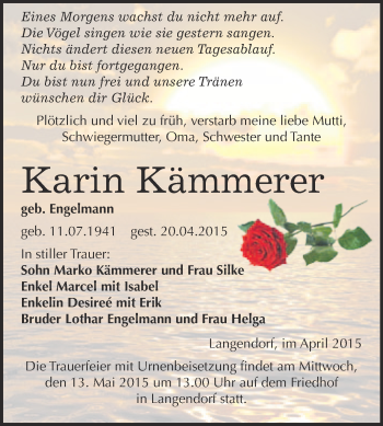 Traueranzeige von Karin Kämmerer von WVG - Wochenspiegel NMB / WSF / ZTZ