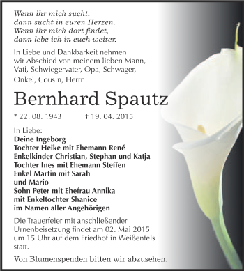 Traueranzeige von Bernhard Spautz von WVG - Wochenspiegel NMB / WSF / ZTZ