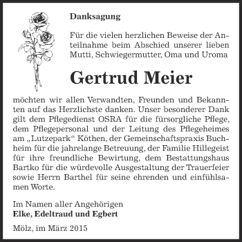 Traueranzeige von Gertrud Meier von Super Sonntag Bernburg